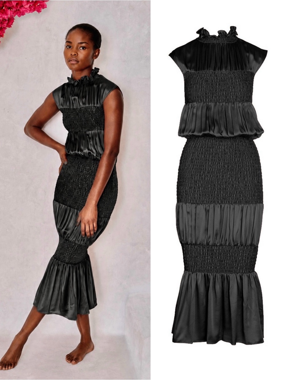 MARYSIA RESORT Lesbos 100% Silk Smocked Midi Dress in Black